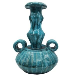 Turquoise Art Pottery Vase Ceramic Double Handle Ribbed Boho Decor Candlestick